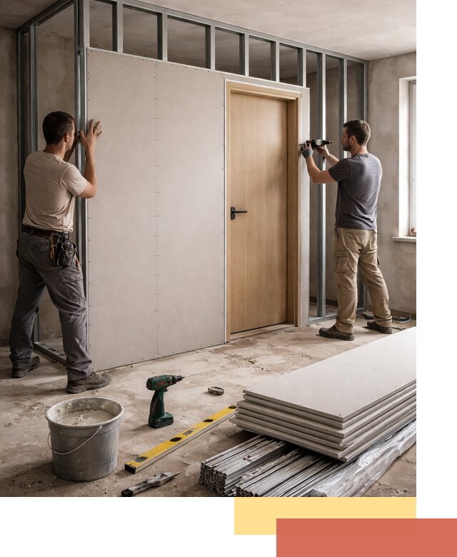 Перегородка из гипсокартона с дверью под ключ в Кондопоге