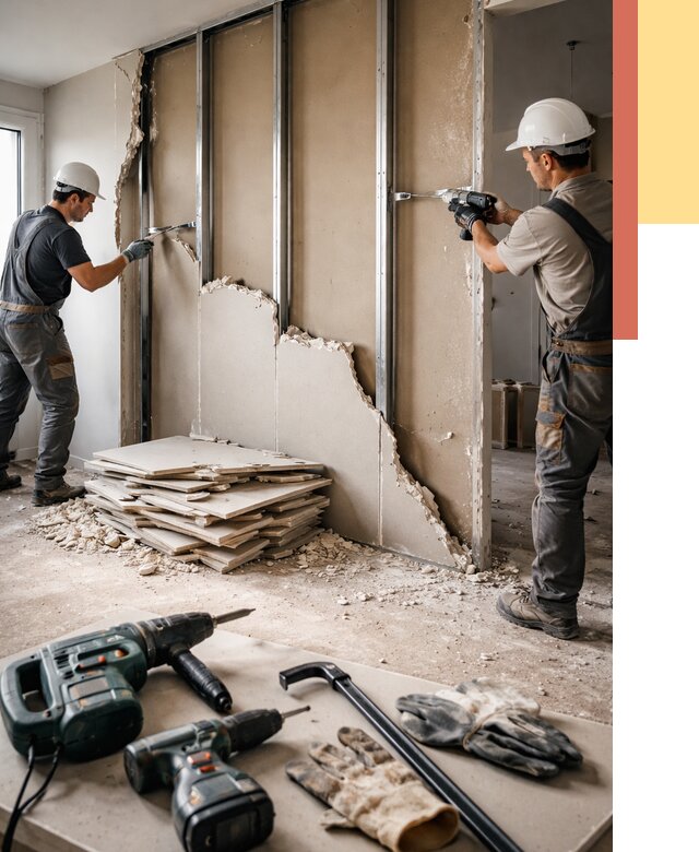 Демонтаж перегородки из гипсокартона в Кондопоге от 1218 руб. быстро и недорого | ОТДЕЛОЧНИК-Кнп