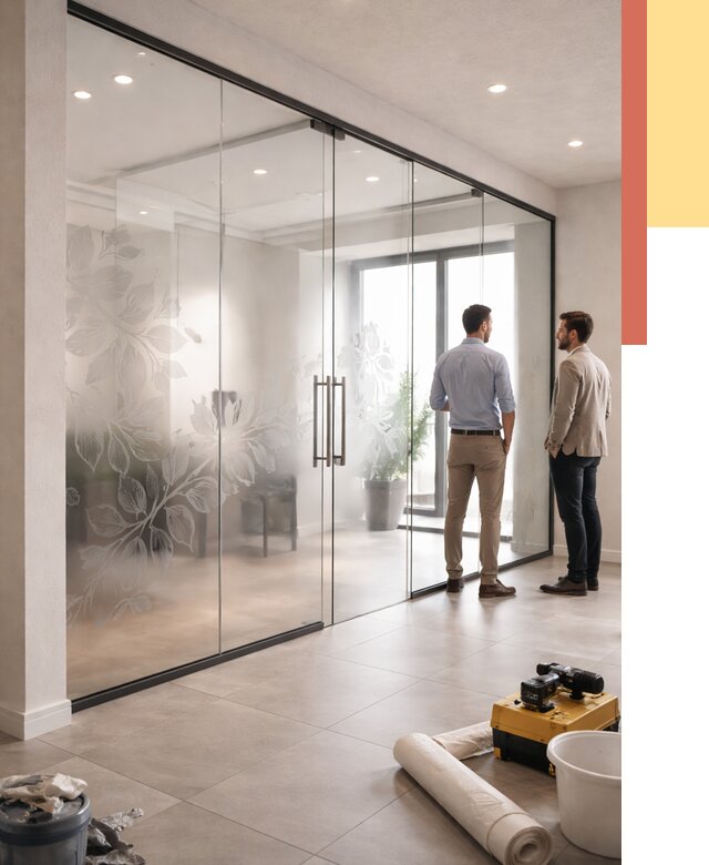 Стеклянные перегородки с рисунком в Кондопоге от 12690 руб. монтаж и нанесение | ОТДЕЛОЧНИК-Кнп