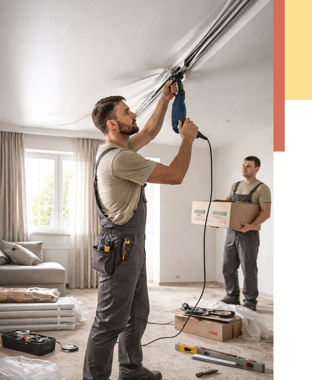 Монтаж сатинового натяжного потолка в Кондопоге от 3553 руб. | Быстро, недорого — ОТДЕЛОЧНИК-Кнп