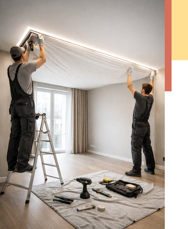 Монтаж парящего натяжного потолка в Кондопоге от 4568 руб. быстро и недорого | ОТДЕЛОЧНИК-Кнп