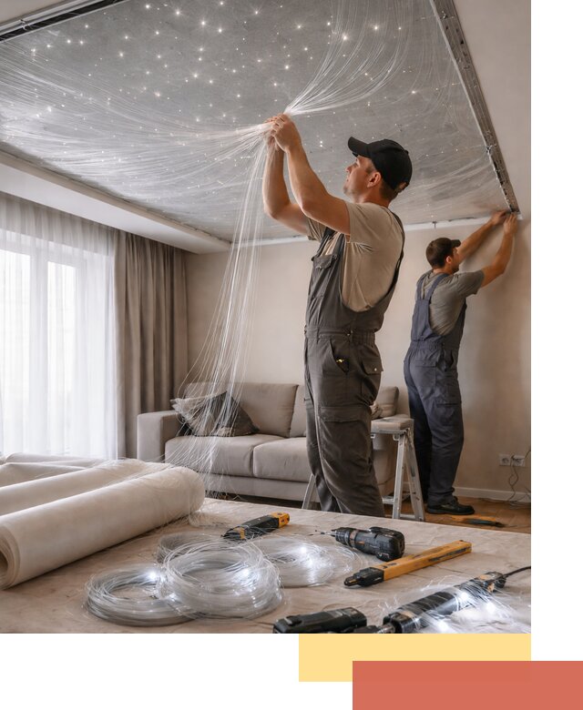 Монтаж натяжного потолка «Звездное небо» в Кондопоге