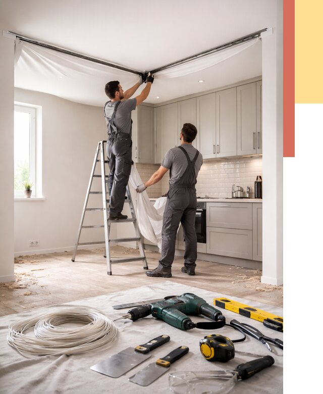 Установка натяжного потолка на кухне в Кондопоге от 2436 руб. | ОТДЕЛОЧНИК-Кнп