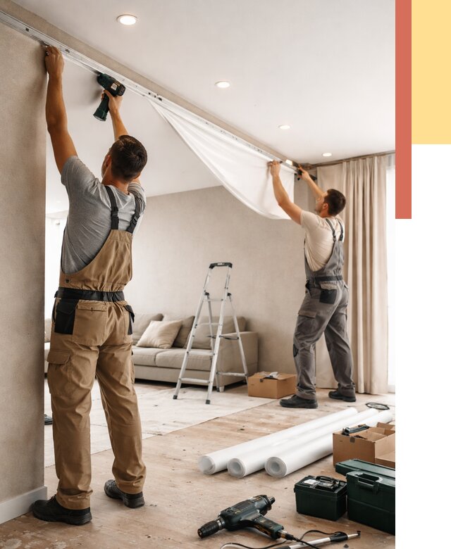 Монтаж натяжного потолка в гостиной в Кондопоге от 558 руб. | ОТДЕЛОЧНИК-Кнп