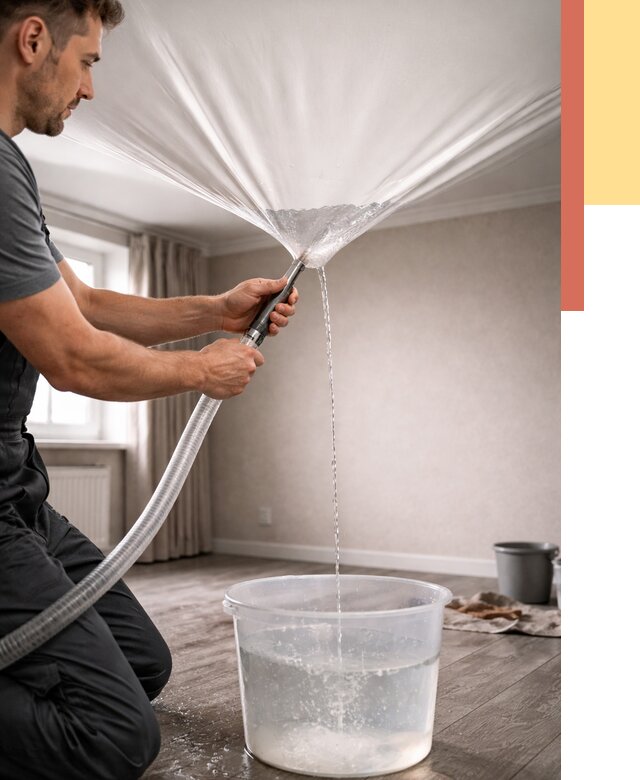 Слив воды с натяжного потолка в Кондопоге от 2538 руб. быстро и недорого | ОТДЕЛОЧНИК-Кнп