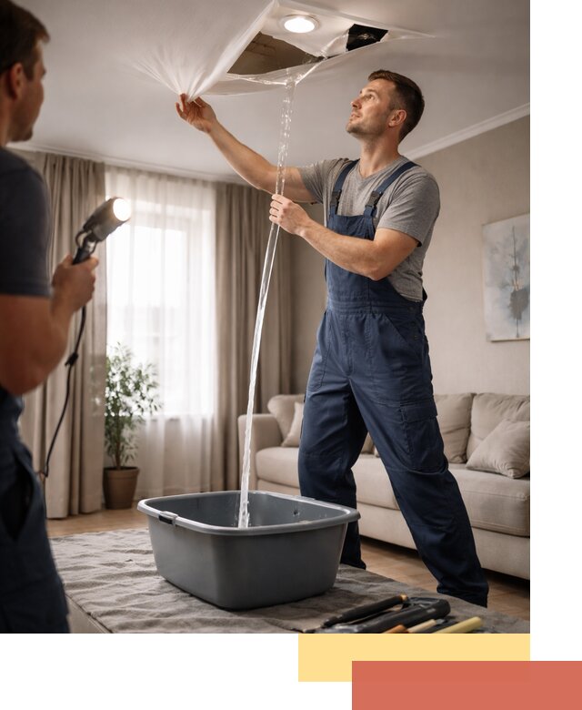 Слив воды с натяжного потолка в Кондопоге быстро и аккуратно