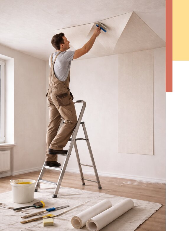 Поклейка обоев на потолок в Кондопоге от 4568 руб. быстро и недорого | ОТДЕЛОЧНИК-Кнп